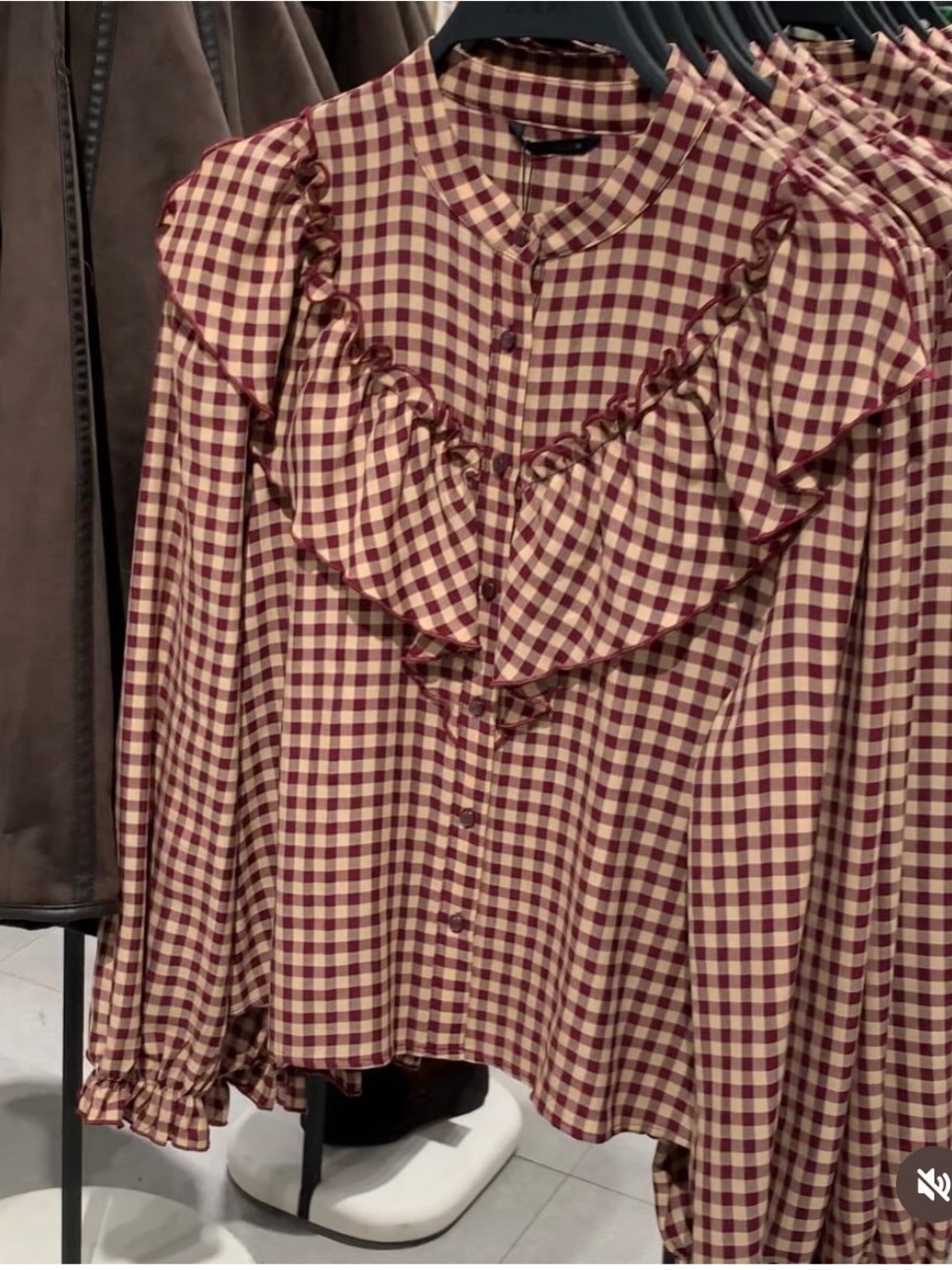 Zara Checked Ruffle Blouse Small Burgundy/ Tan - Picture 8 of 10
